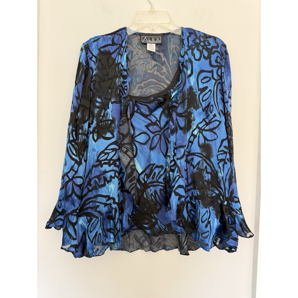 Alex Evenings 2 Piece Tank Jacket Sz L Black Blue Silk Blend Y2K Floral Burnout